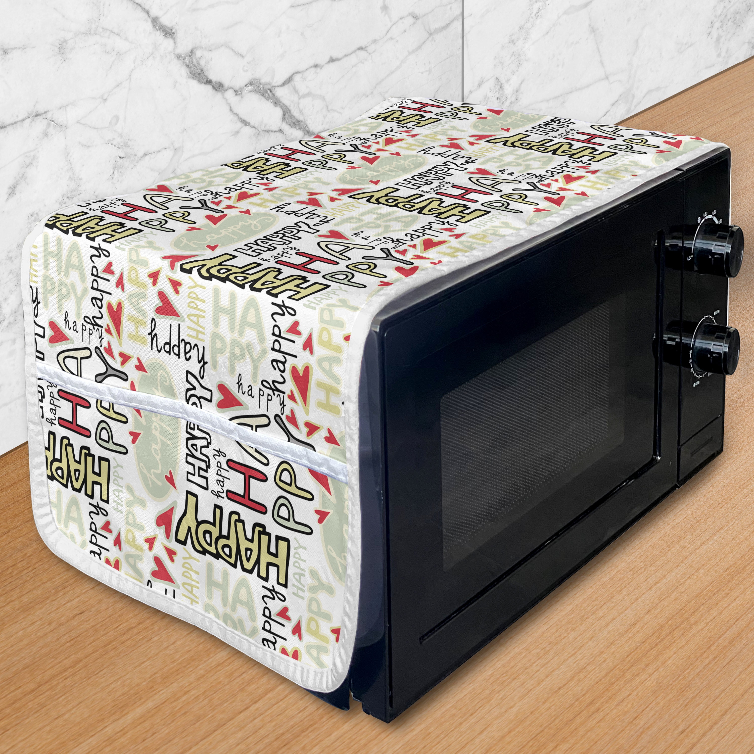 Cartoon Microwave Oven Cover, Hand Lettering Style Happy Words with ...