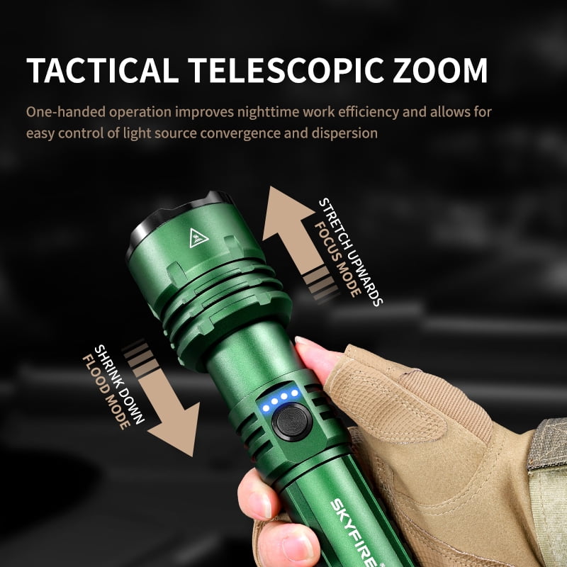 SKYFIRE 1500-Lumen Tactical Flashlight - 1500m Beam, Zoomable Focus, 5 Modes & USB-C Rechargeable. Essential for Camping, Hiking, Survival and Home Emergencies