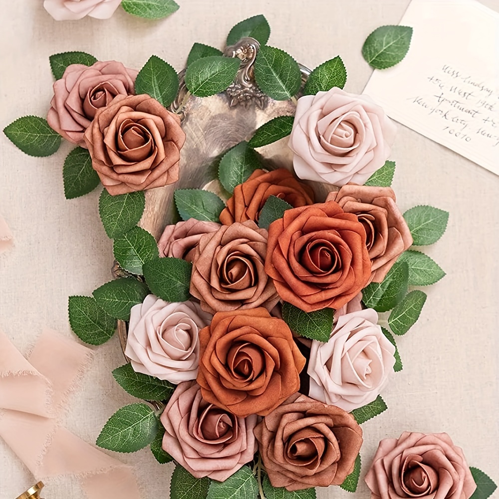 ACMDL  25pcs Simulation Flowers  Shades Of Burnt Orange Artificial Flowers For Outdoor Wedding Theme  Colors Fake Roses With Stem For DIY Outdoor Wedding Party Banquet Celebration Birthda