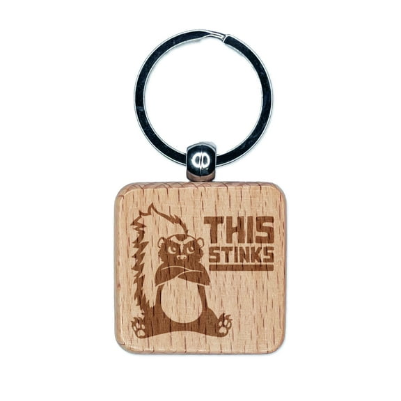 This Stinks Says the Grumpy Skunk Square Keychain Charm Tag - Engraved Wood