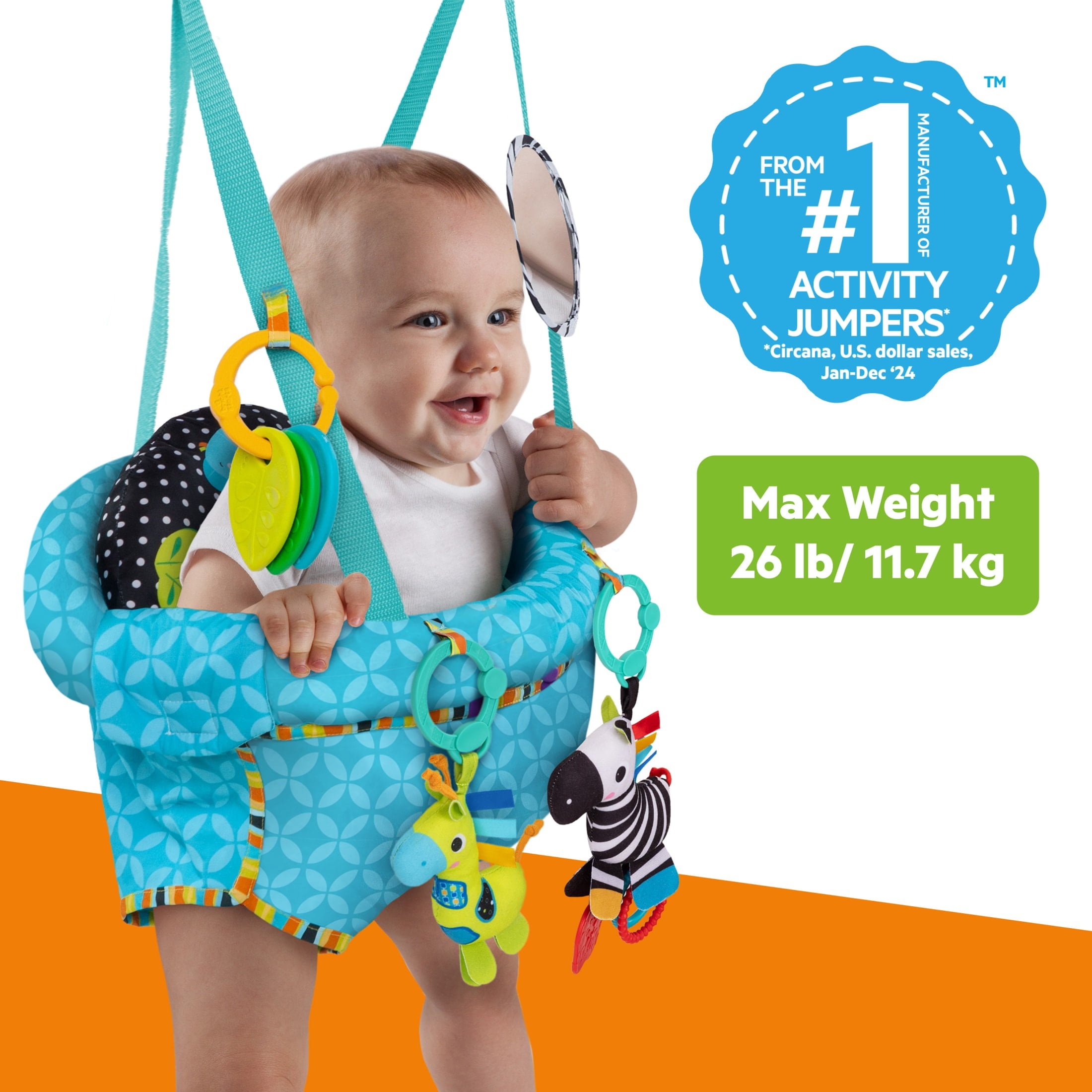 Bright Starts Bounce and Spring Deluxe Door Jumper with Take-Along Toys for Ages 6 Months and Up