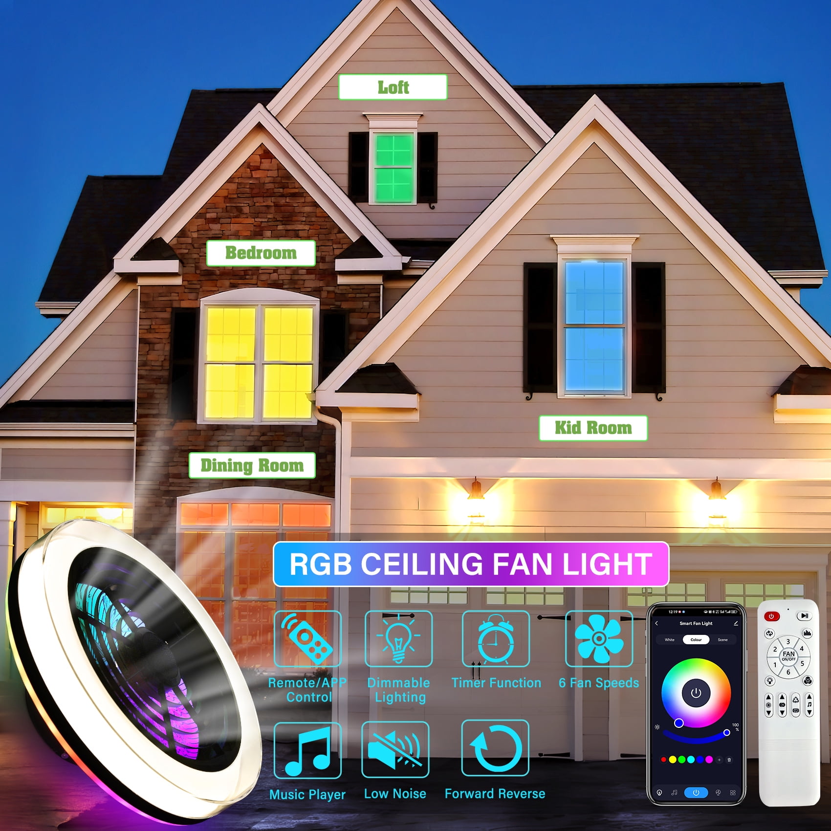 TCFUNDY 18" Smart Ceiling Fan w/ Light, RGB & LED, Smart Control Compatible with Voice Assistant Alexa/Google/Siri, Built-in Bluetooth Speaker, Bladeless Fan w/ 6 Speeds & Reversible, White