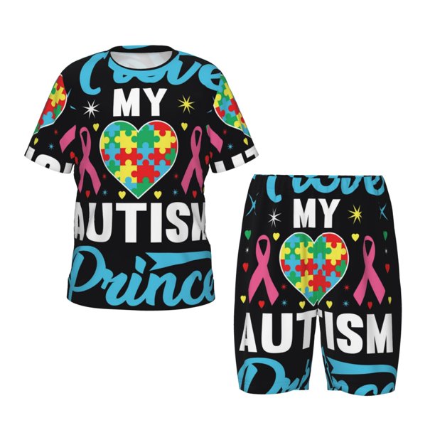 Fotbe I Love My Autism Pijama Estampada de 2 Piezas para Niños – Ropa de Dormir de Manga Corta Cómoda para Niños y Niñas, Camiseta y Shorts de Algodón-Small