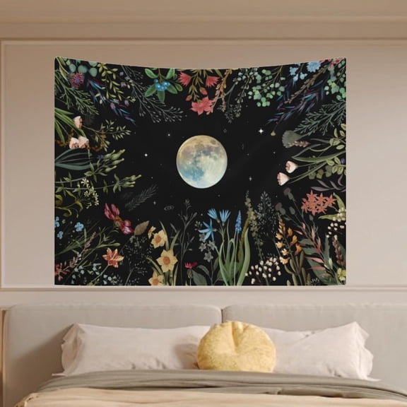 Moonlit Garden Tapestry Moon Green Plant Colorful Flowers Tapestry Black Floral Tapestries Wall Hanging Decor (59.1" x 51.2")