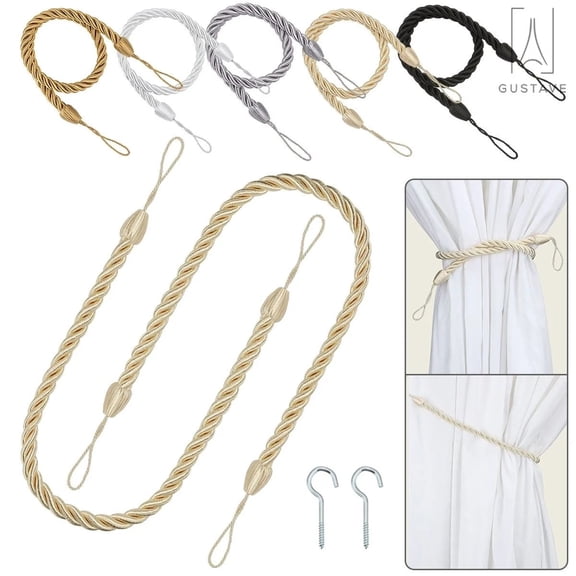 POITVD 2Pcs Curtain Tieback Rope 27" Nylon Cord Curtain Tie Backs Holdbacks with 2 Metal Screw Hooks, White