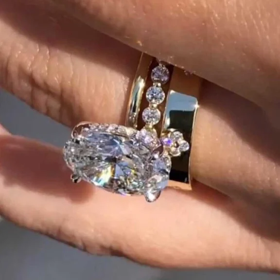 3Ct Oval Cut Simulated Diamond Halo Women's Trio Set Engagement Ring In 14k Yellow Gold Plated 925 Sterling Silver For Her