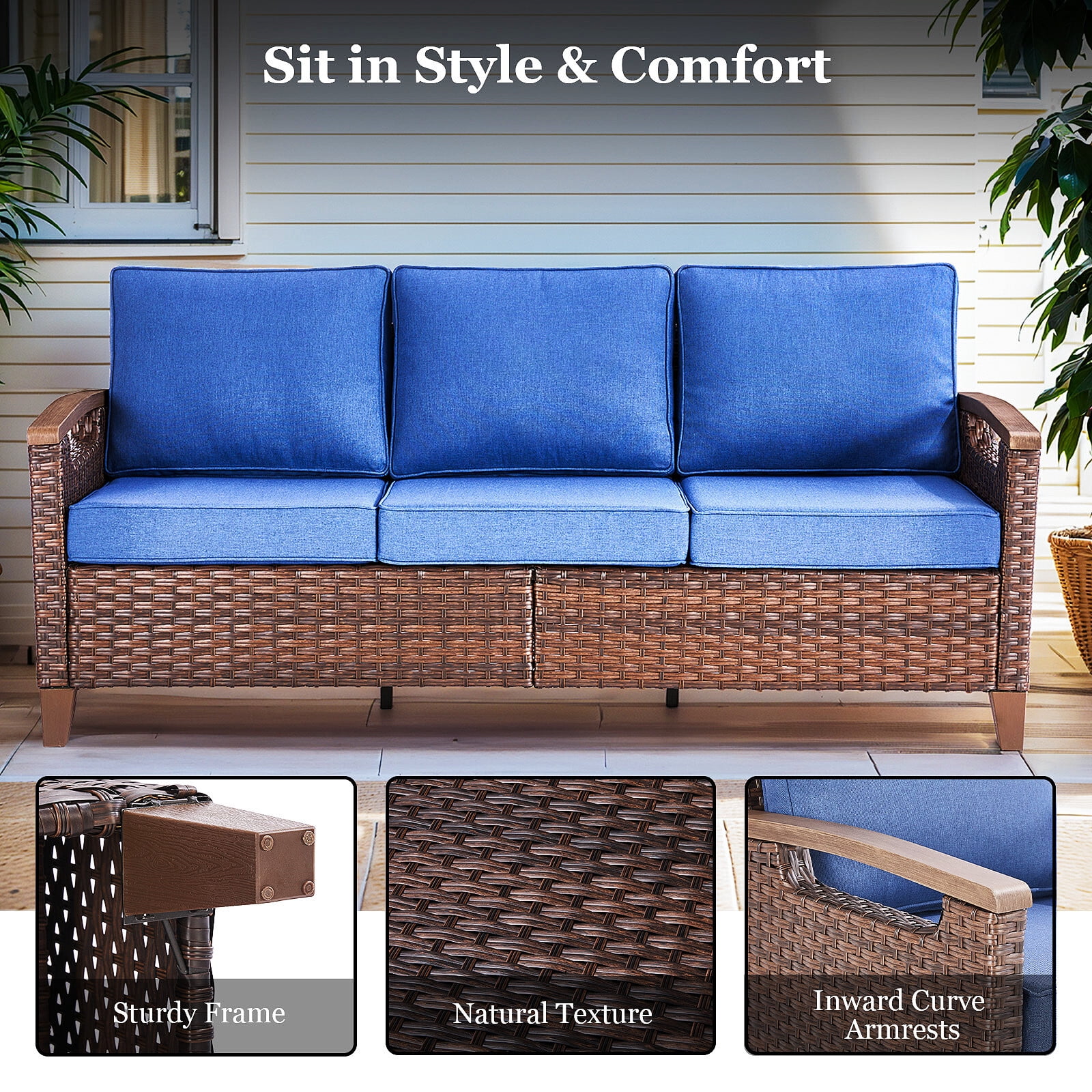 Bellefurn Wicker Patio Sofa Outdoor Couch,Patio 3 Seater Sofa Outdoor Rattan Furniture Sofa with Non-Slip Thick Cushions for Outdoor,Garden,Lawn,Backyard