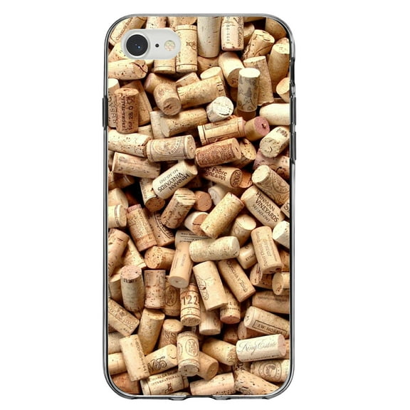 DistinctInk Clear Shockproof Hybrid Case for iPhone 7 8 SE (2020 Model) 4.7" Screen TPU Bumper Acrylic Back Tempered Glass Screen Protector - Wine Corks Image Print - Printed Cork Image