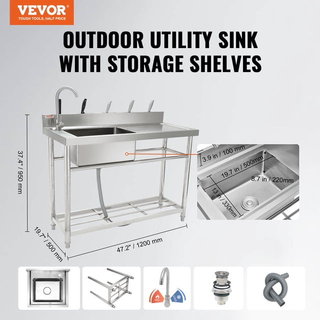 Fregadero utilitario VEVOR de acero inoxidable con banco de trabajo 47 x 19,7 x 37,4 pulgadas
