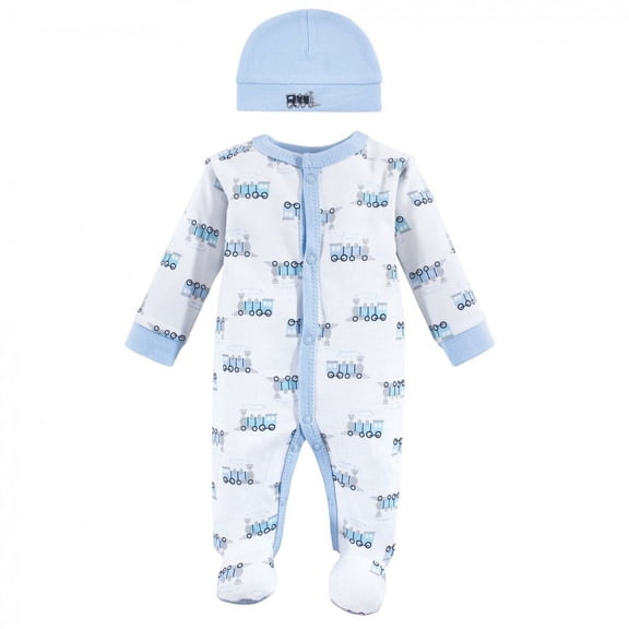 Luvable Friends Baby Boy Cotton Preemie Snap Sleep and Play and Cap 2pc Set, Train, Preemie