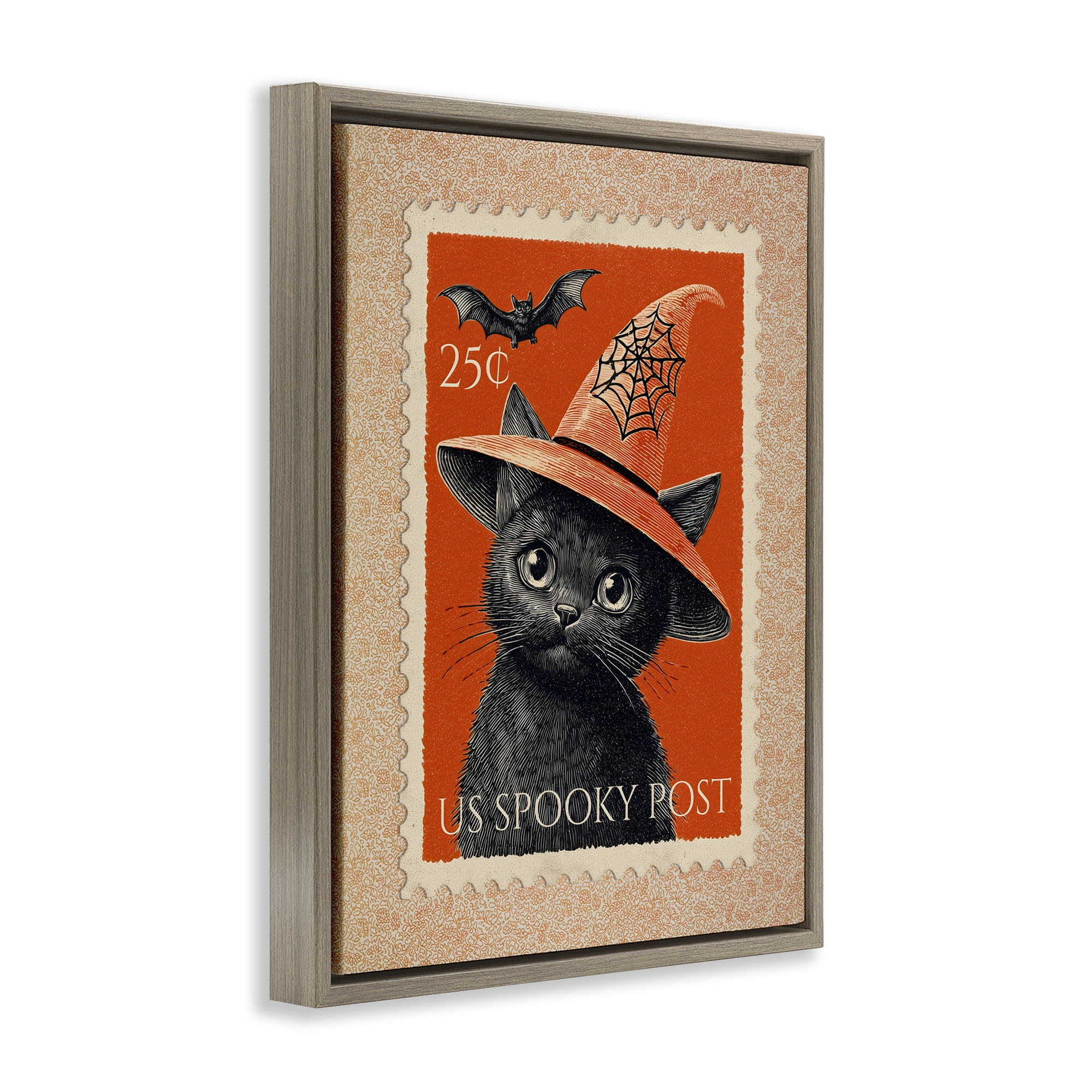 Vintage Black Cat Stamp Brown Framed Floater Canvas Wall Art, design by Arlington Prints