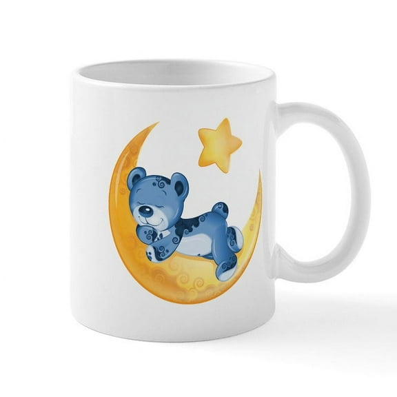 CafePress - Blue Sleepy Teddy On Moon - 11 oz Ceramic Mug - Novelty Coffee Tea Cup