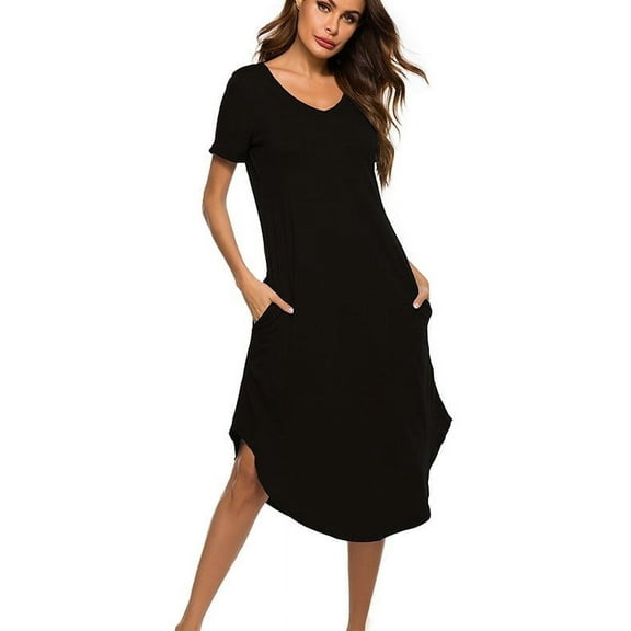 Womens Long Nightdress Ankle-Length Nightgowns Short Sleeve V Neck Loungewear Pajamas Sleepwear with 2 Pockets,Sleep Shirt, Casual Loose Sleepdress for Girls House Dress, S-2XL