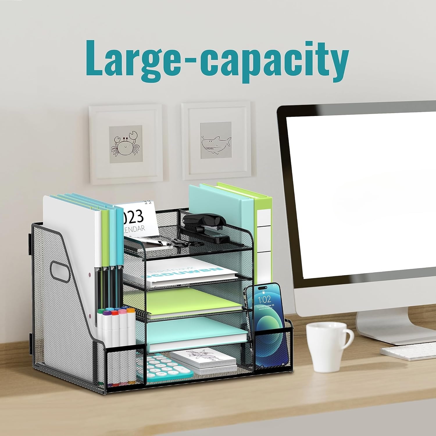 INTIGE 5-Tier Metal Mesh Desk Organizer with 2 File Holder, Paper Organizer, Black
