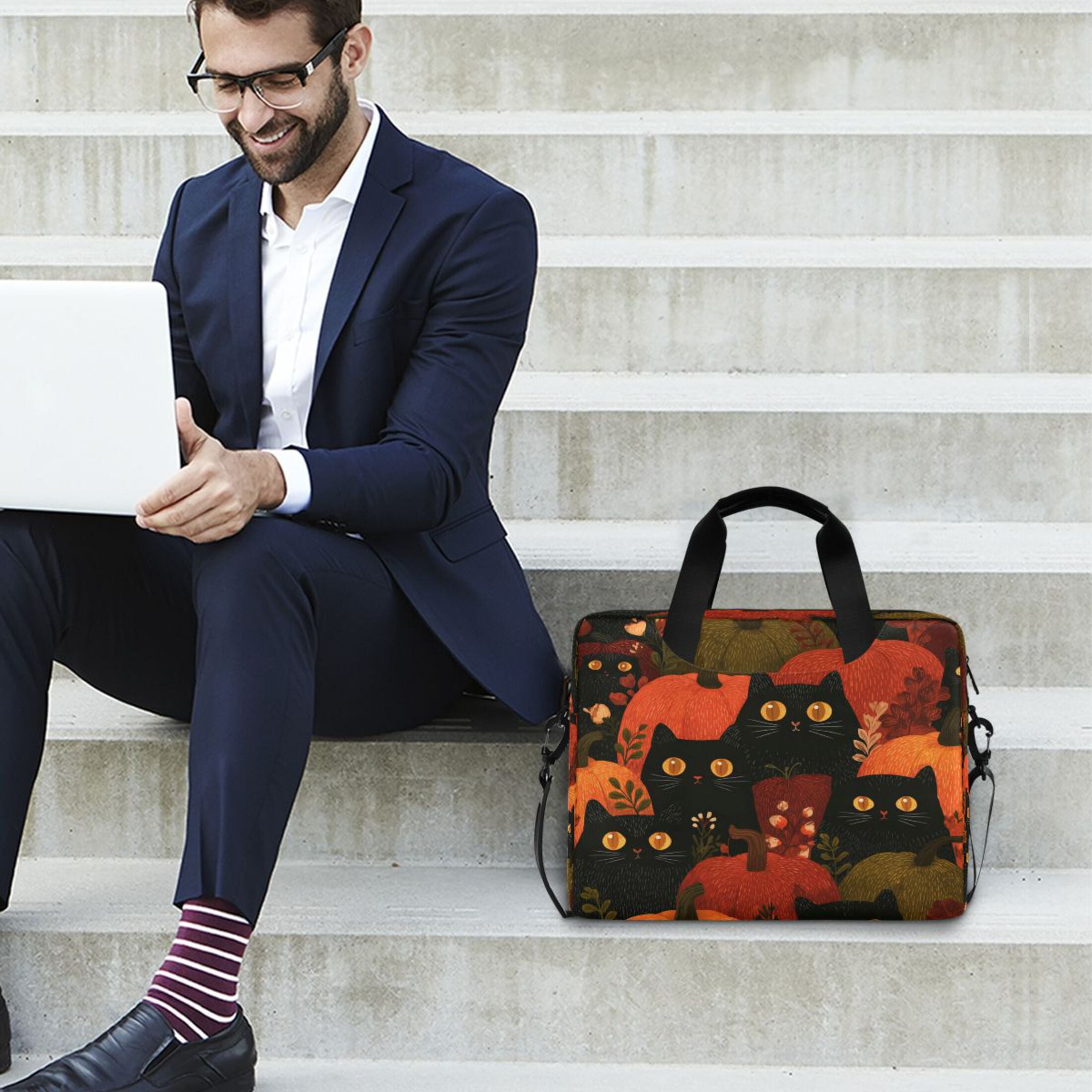 16" Laptop Tote Bag Laptop Sleeve Case Computer Briefcase for Work & Travel Black Cat Surrounded by Pumpkins