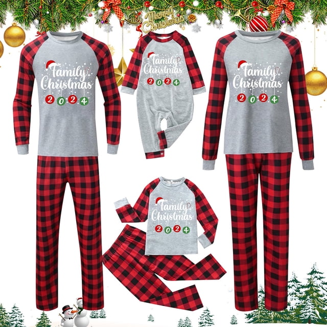 Pyjamas de Noël Assortis pour la Famille, Pyjamas de Noël pour Bébés, Imprimé de Noël 2024, Pull à Manches Longues Décontracté, Col Rond, Chandail à Capuchon pour Bébés, Pyjamas de Noël pour la Famille, Taille Bébé: 12m