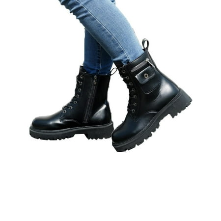 

WEARELLAS Women Ladies Lace Up Flat Ankle Boots Low Heel Winter Casual Side Zip Biker Combat Military Booties Shoes Size