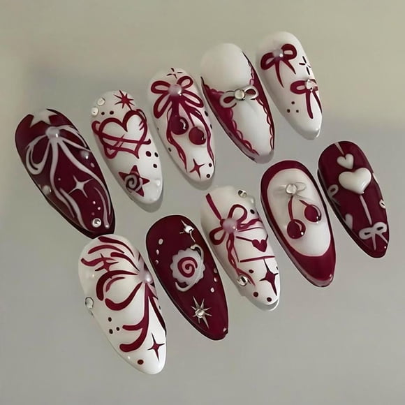 Uñas postizas IMRAIN almendra mediana rojas con moño y cereza, 24 piezas