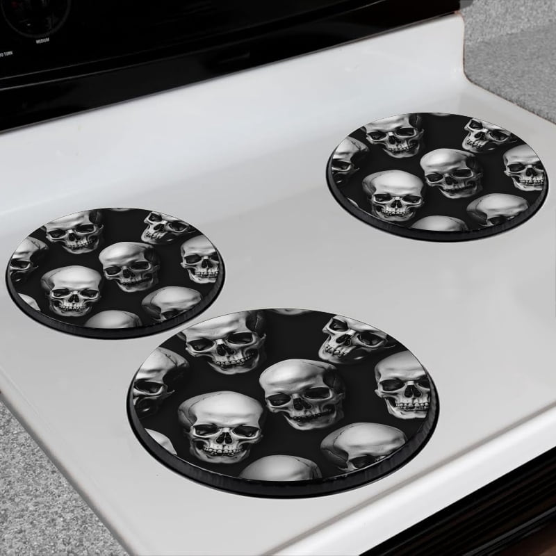 Bahomeck Gas Stove Burner Cover Set Of 4,Skulls Arranged In Eerie Metal Electric Stove Burner Covers,Protecting Gas Stoves,Kitchen Decor，8 Inch And 10 Inch