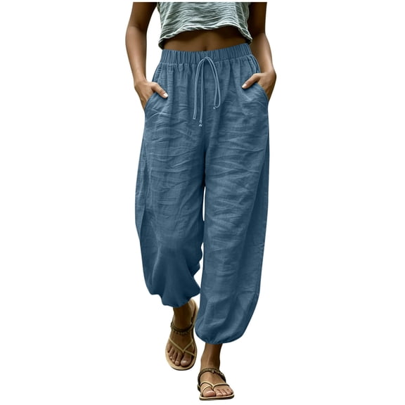 Women's Lightweight Linen Harem Pants, Vintage Elastic Waist Loose Summer Lounge Beach Trousers with Pockets