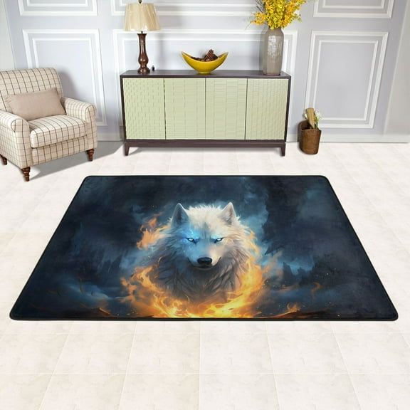 Area Floor Mats Wolf on Fire Large Nursery Rugs Non-Slip Living Room Carpets Bedroom Doormat for Dinning Decor 36" x 24"