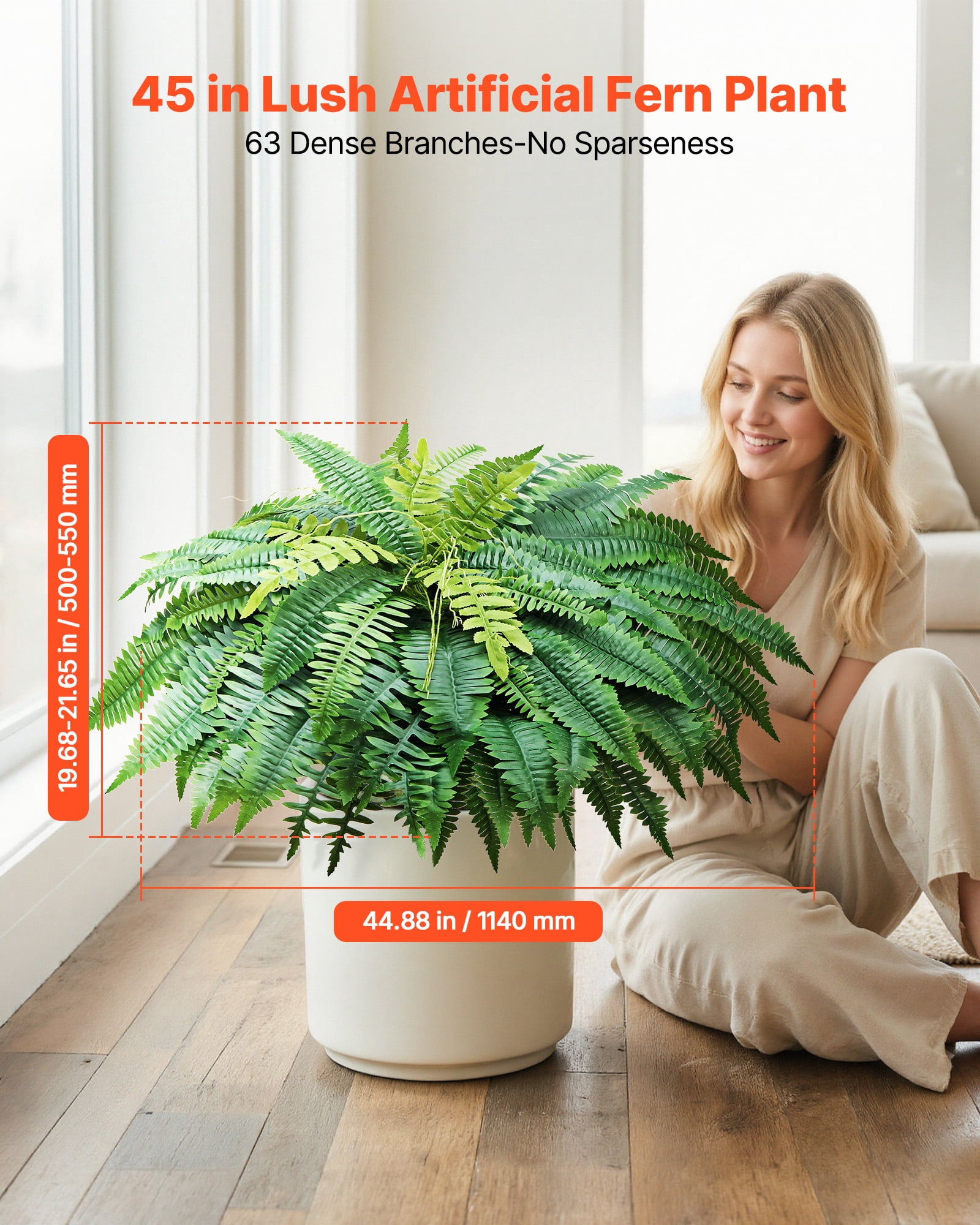VEVOR Artificial Ferns, 45 Inch Fake Boston Fern Bush Plant with 63 Fronds, Faux Greenery for Indoor/Outdoor Decor, Silk & LDPE, Suitable for Home Porch Garden Office Living Room Planter, Set of 2