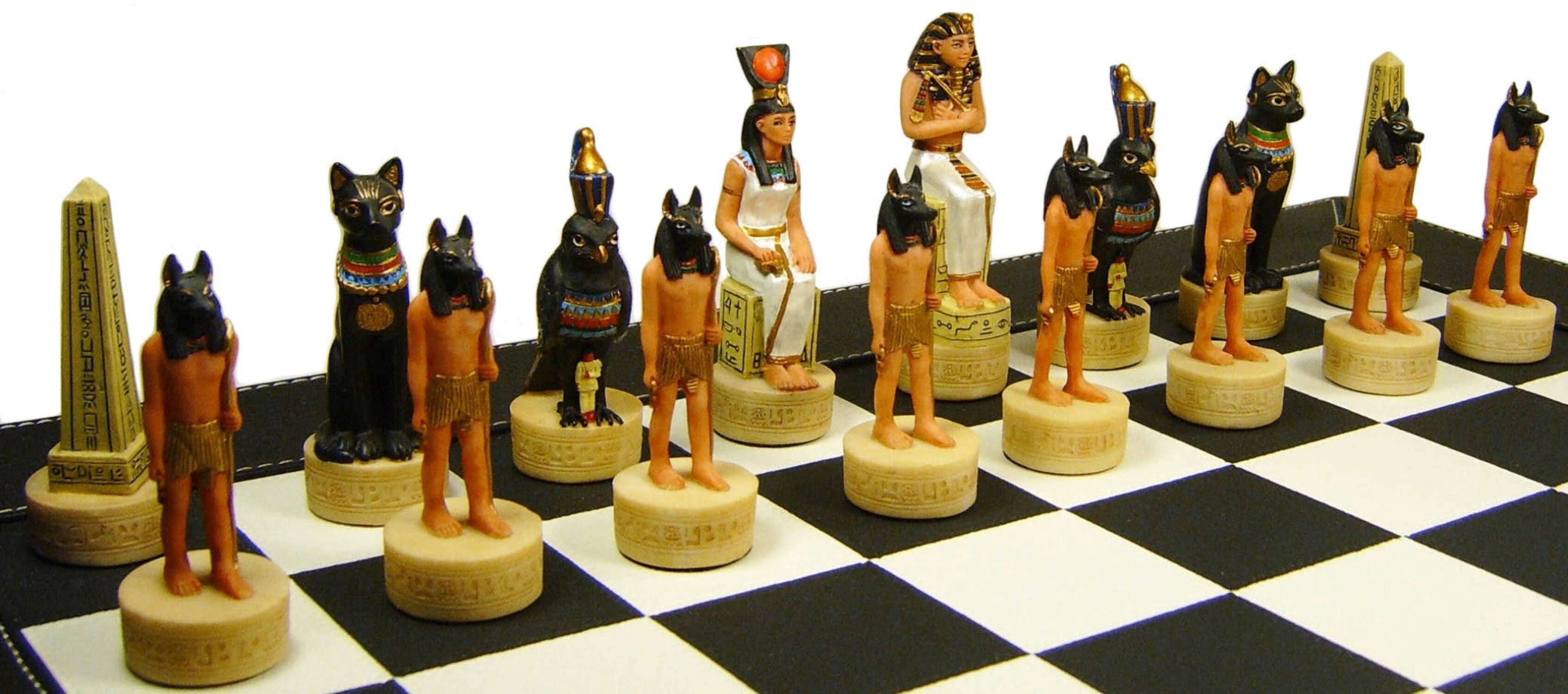 Egyptian Anubis Gold  Buff Chess Set with 18" Black  White Faux Leather Board