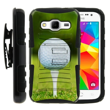 TurtleArmor ® | For Samsung Galaxy Core Prime | Prevail LTE | Win 2 [Hyper Shock] Hybrid Dual Layer Armor Holster Belt Clip Case Kickstand - Golf Ball