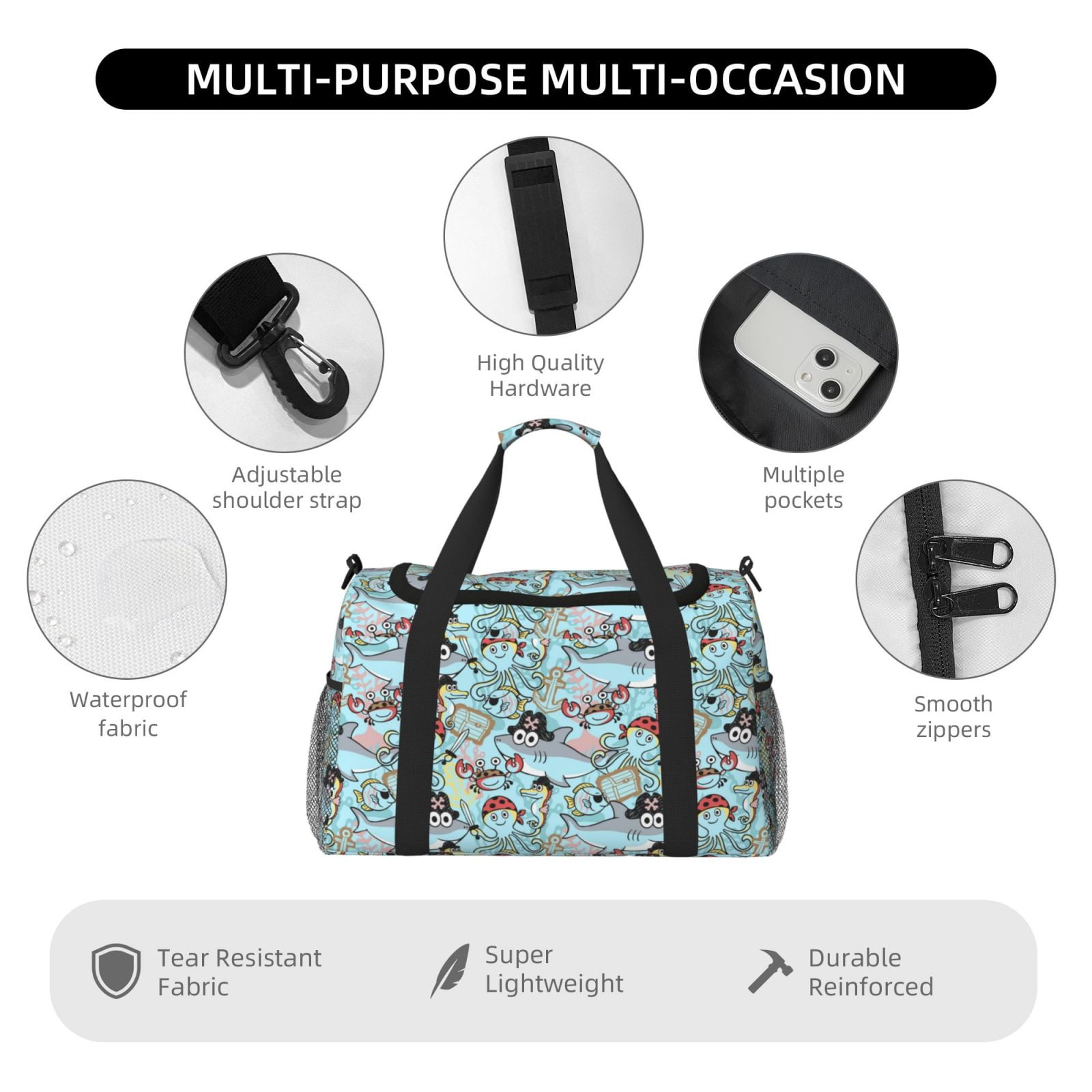 Fuzoiu pirate with funny animals Print Travel Duffle Bag,Carry On Tote Bags,Duffel Bag,Sport Gym Bag, Hospital Bag for Labor and Delivery, Overnight Bag,Luggage Bag