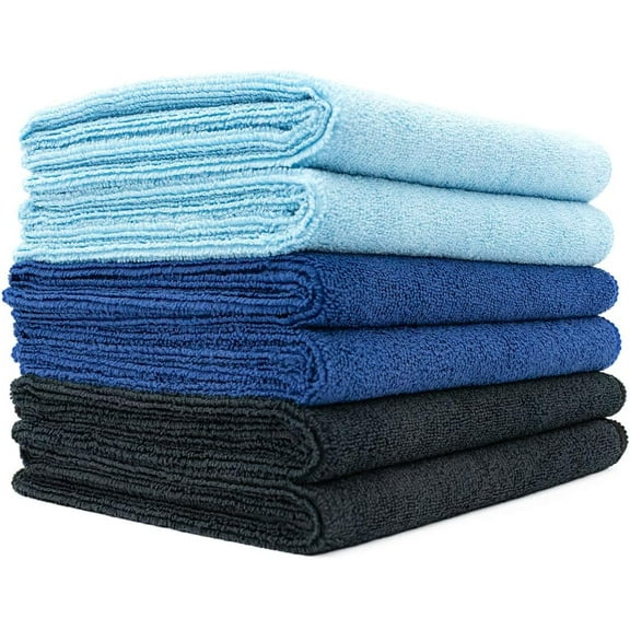 The Rag Company - Microfiber Spa and Yoga Towel - 16" x 27", Light Blue, Royal Blue, Black, 6-Pack