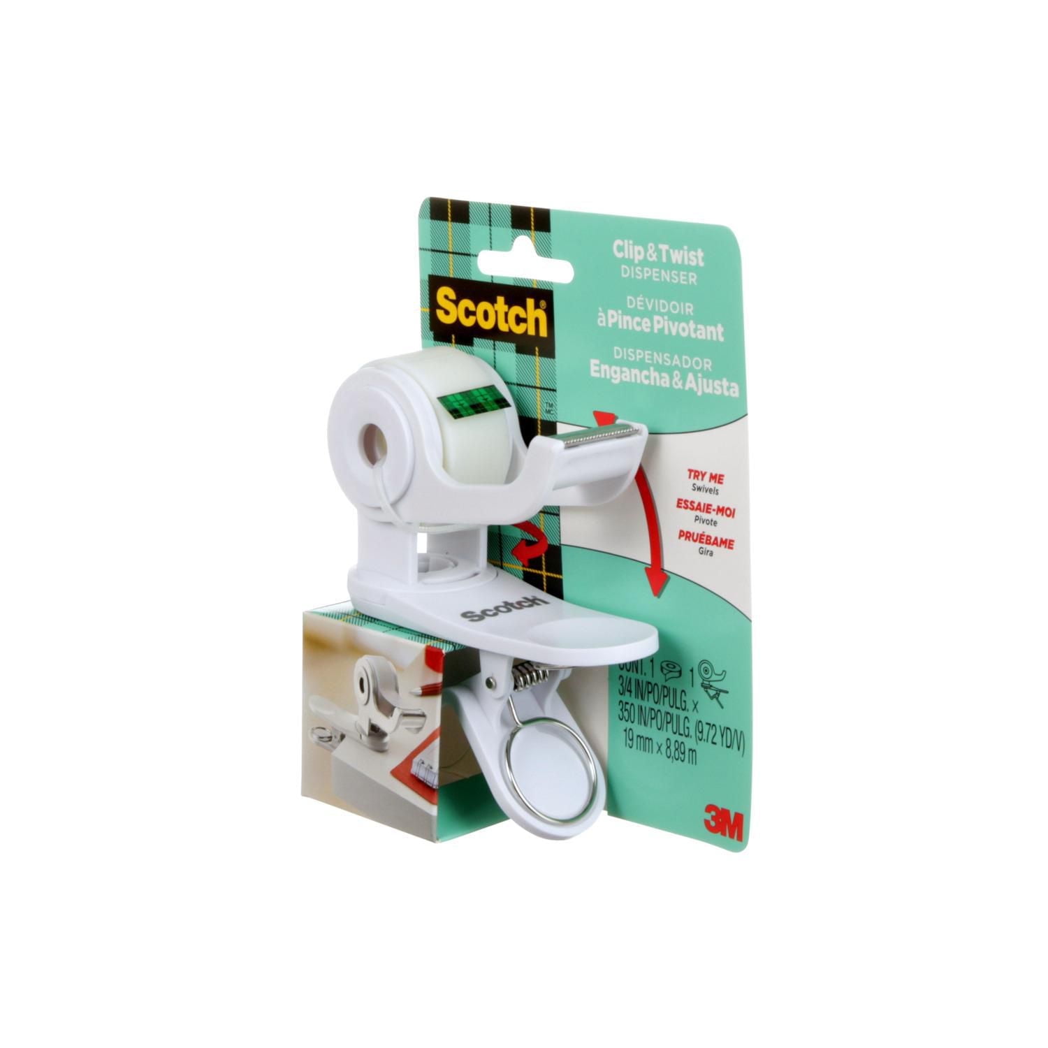 Scotch® Desktop Tape Dispenser C19-CLIP-SR-W, Clip & Twist, 0.75 in x 350 in (19 mm x 8.89 m), Tape Dispenser