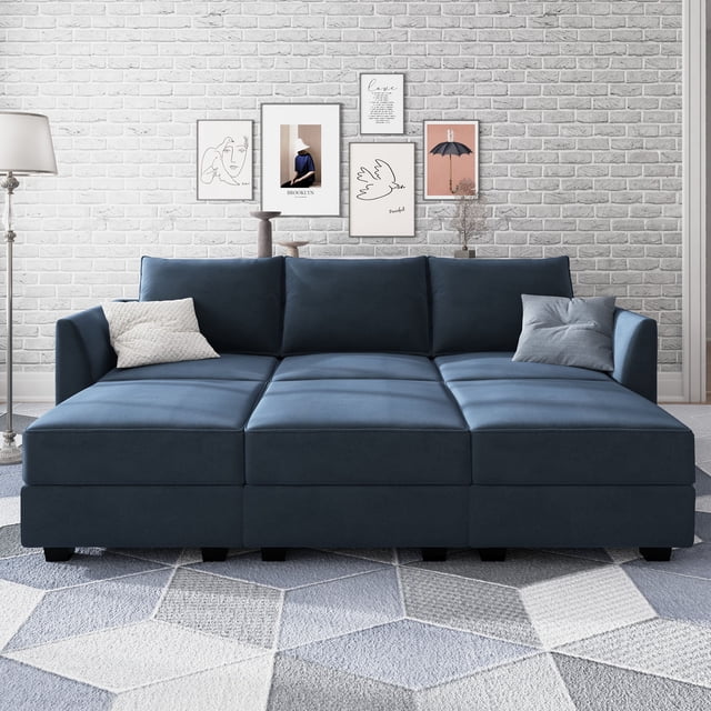 HONBAY Canapé Sectionnel Convertible Élégant en Velours avec Lit et Rangement, Bleu Marine