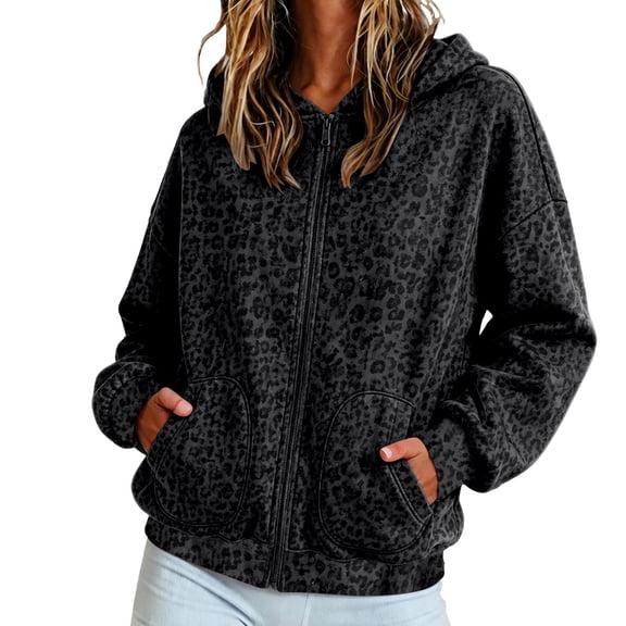 Yuncity Womens Zip Up Hoodie Leopard Print Fleece Pullover Long Sleeve Loose Fit Pockets Sweatshirt Casual Fall Winter Hooded Jacket Size L Black