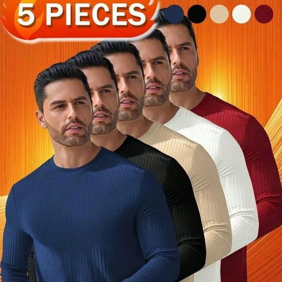 5-Pack Men's Thermal Long Sleeve Tops – Round Neck Undershirts, Warm Base Layer For Autumn & Winter Casual Or Daily Wear