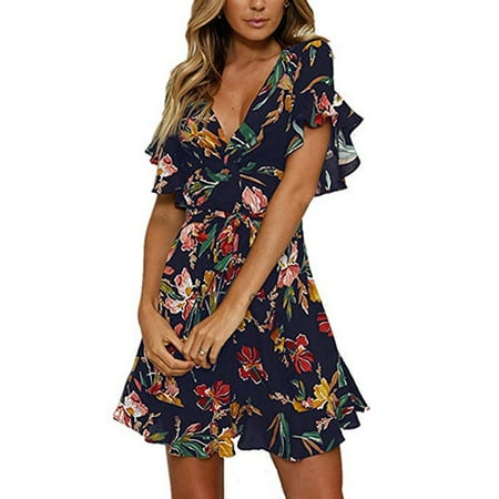 Women Casual Ruffled Sleeve Asymmetric Cross V-Neck Dress Floral Print Short Mini Summer Dress