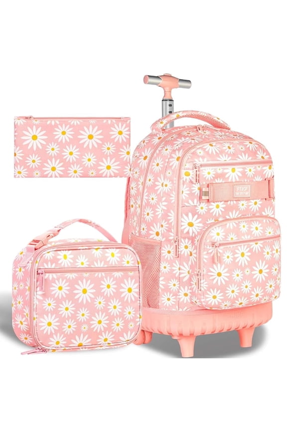 Girls Rolling Backpack, Women Roller Bookbag with Lunch Box for Adults, Water Resistant Wheeled School Bag for College Teens Kids Travel - Pink Flower