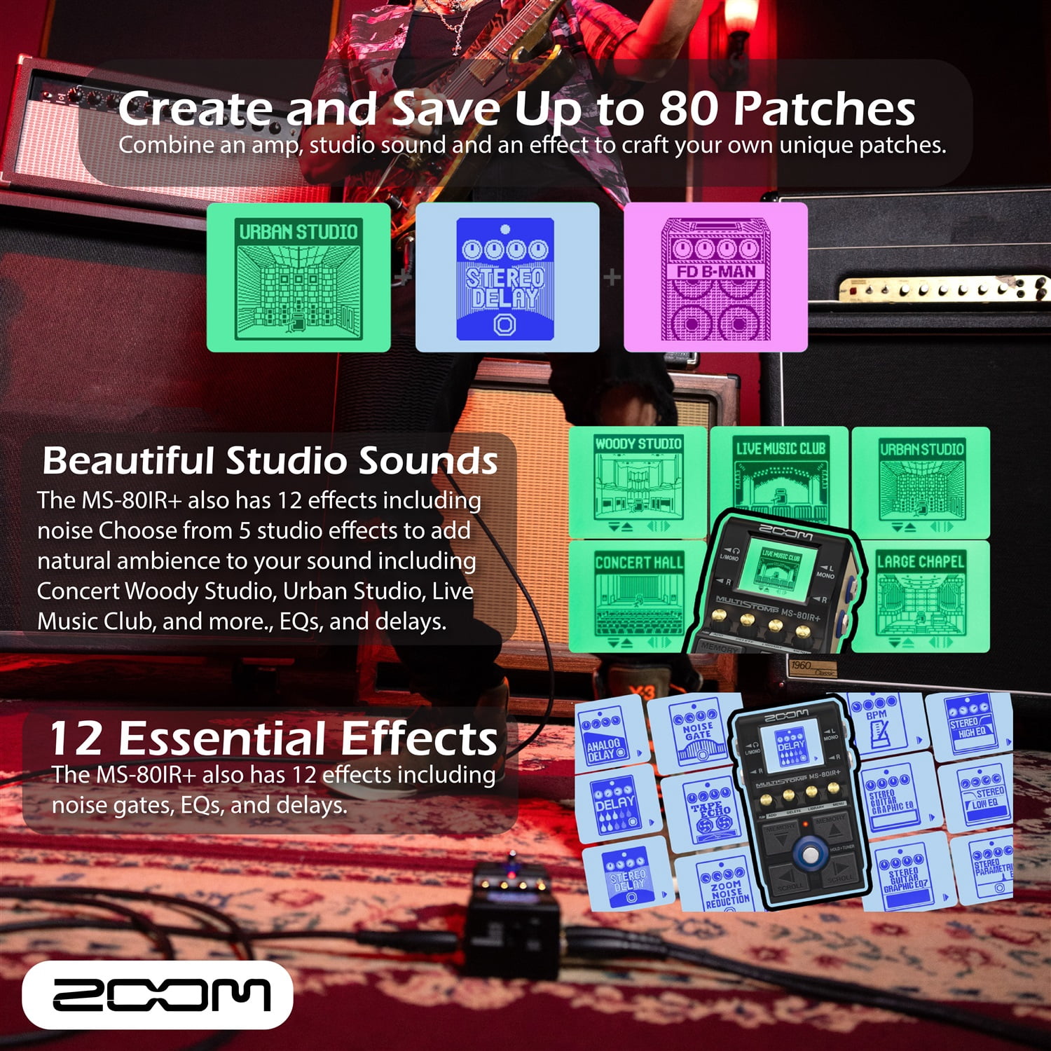 Zoom Multistomp Multi-layer IR Pedal, Bundle with AC adapter, Guitar Picks, AA Batteries (4 Pack), 2X 1/4 in male cable, 10 Feet
