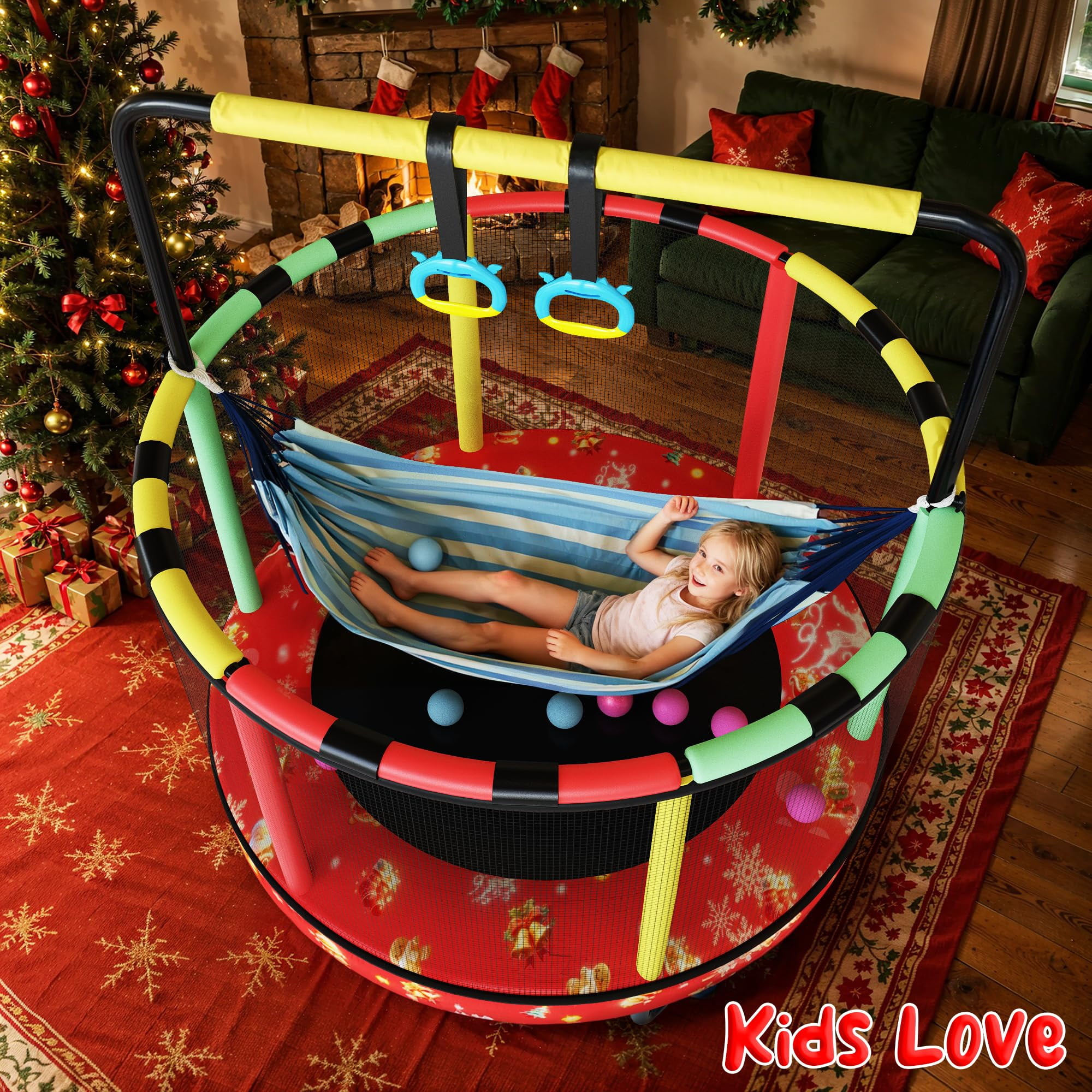 LinkRomat Round Trampoline for Kids, Indoor & Outdoor Toddler Trampoline with Enclosure, Adjustable Height Handrail & Durable Designs for Boys & Girls, 450lbs Capacity, 7-in-1, 55"