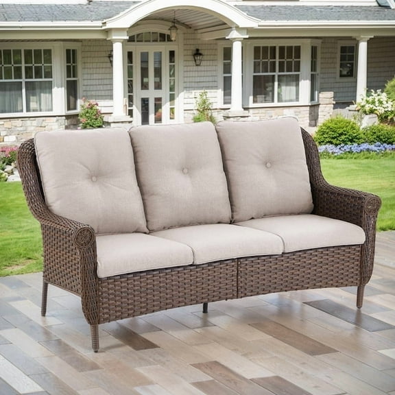 Gymojoy Patio 3-Seat Patio Wicker Couch Outdoor Rattan Sofa Furniture Steel Frame with Deep Seat, Beige