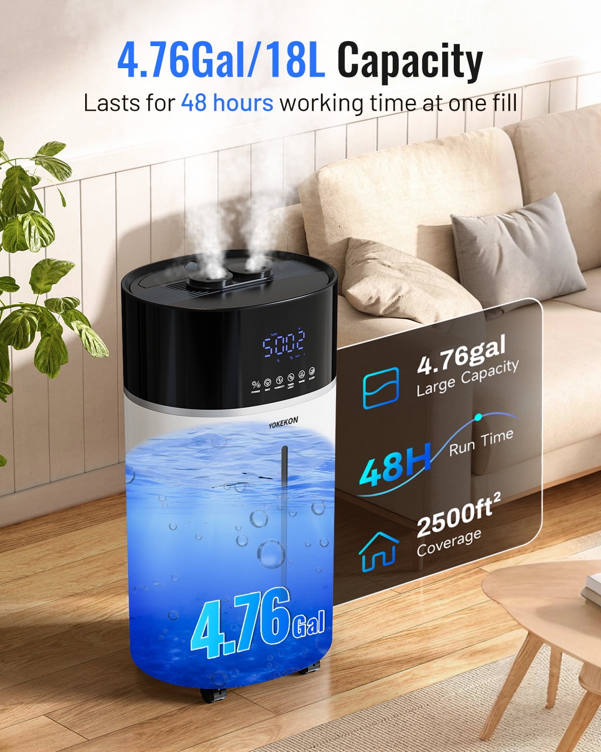 YOKEKON 4.76Gal/18L Cool & Warm Mist Humidifier for Large Room 2500 sq ft, Whole House Humidifier with Diffuser & Extended Tube, Quiet Air Humidifier for Bedroom