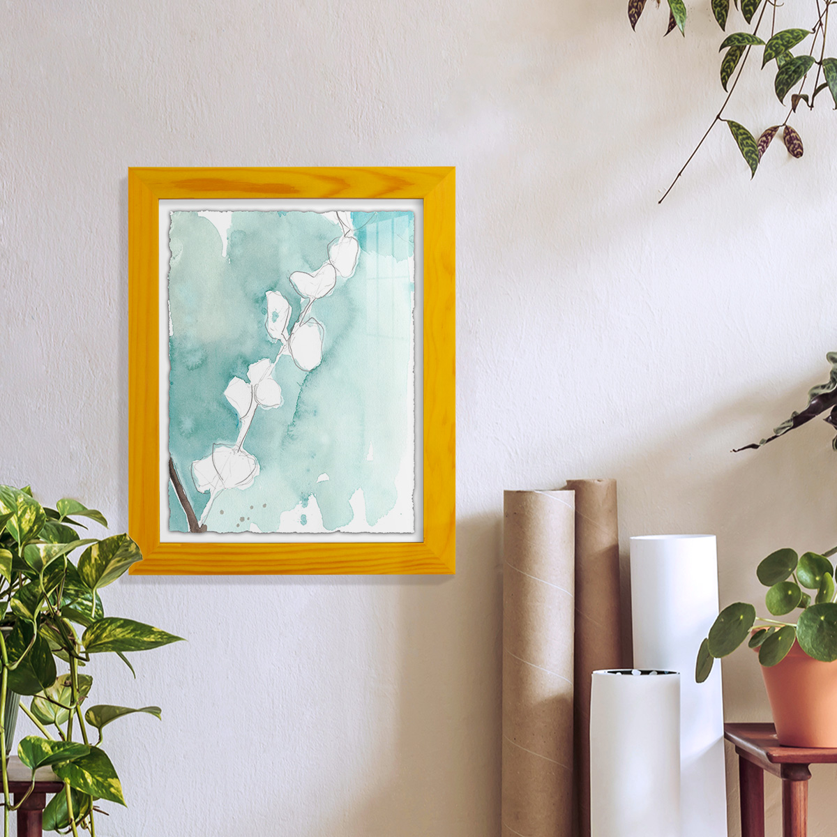 Ginkgo on Dusty Teal V - Framed Print w/glass - Sunflower Yellow