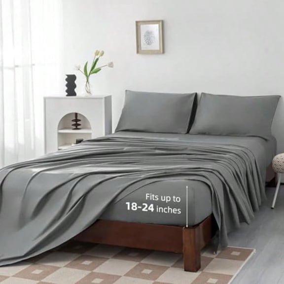100 Cotton Sheets Queen Size Set 18-24 Extra Deep Pocket Sheets Set Soft Breathable Cooling 4Pcs Bed Sheets with 1 Flat Sheet 1 Fitted Sheet 2 Pillowcases Queen Dark Gray