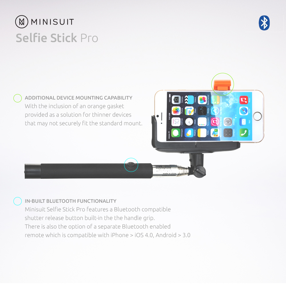 Minisuit Selfie Stick Pro with Built-In Remote for Apple & Android, Black - image 3 of 7