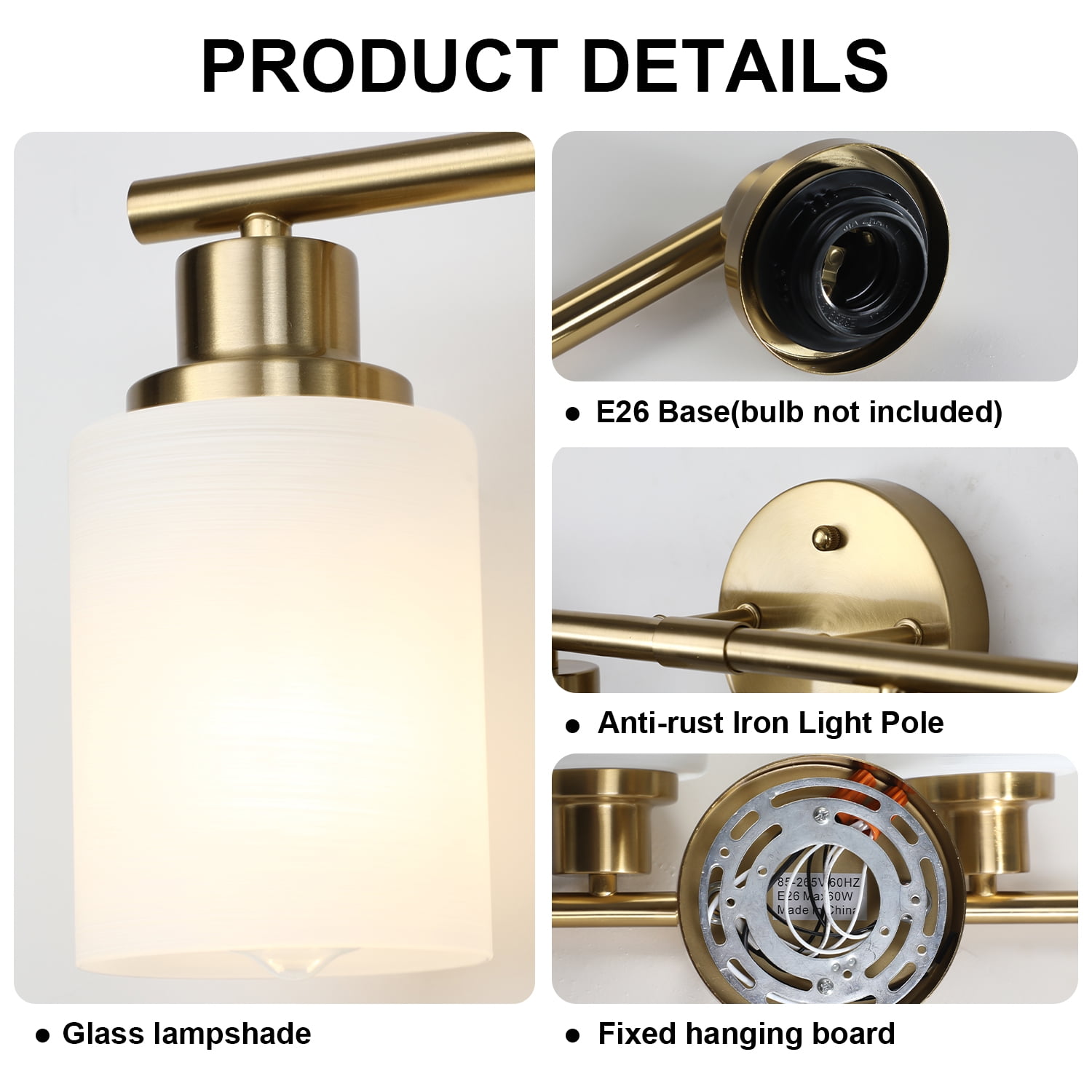 Modern 4-Light Gold Vanity Light with Frosted Glass Shade for Bathroom Hallway Lighting or Mirror Lamp