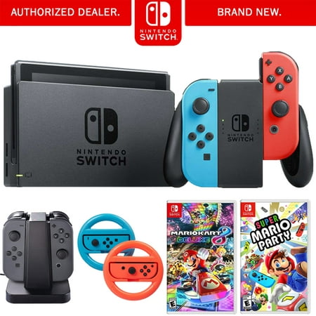 Nintendo Switch 32 GB Console with Neon Blue and Red Joy-Con (HACSKABAA) with Nintendo Super Mario Party + Kart 8 Deluxe for Switch + Steering Wheel for Nintendo Switch + Charging