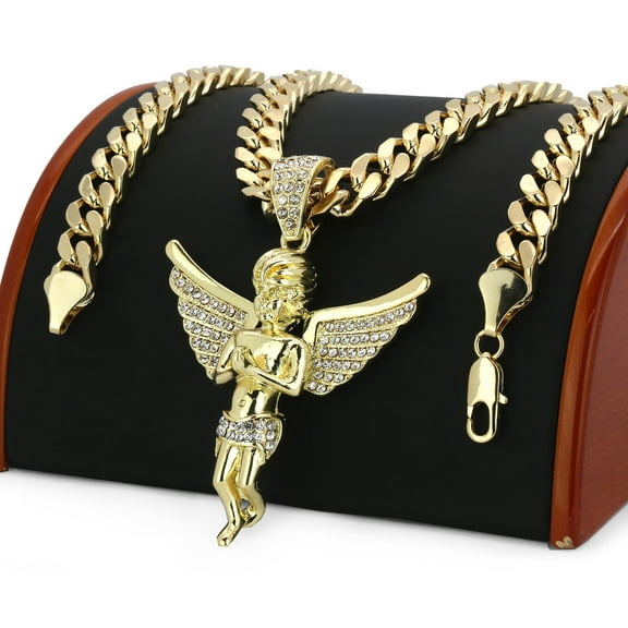 14k Gold Plated Big Hip Hop Angel Pendant Cubic Zirconia & 10mm 30" Cuban Link Chain