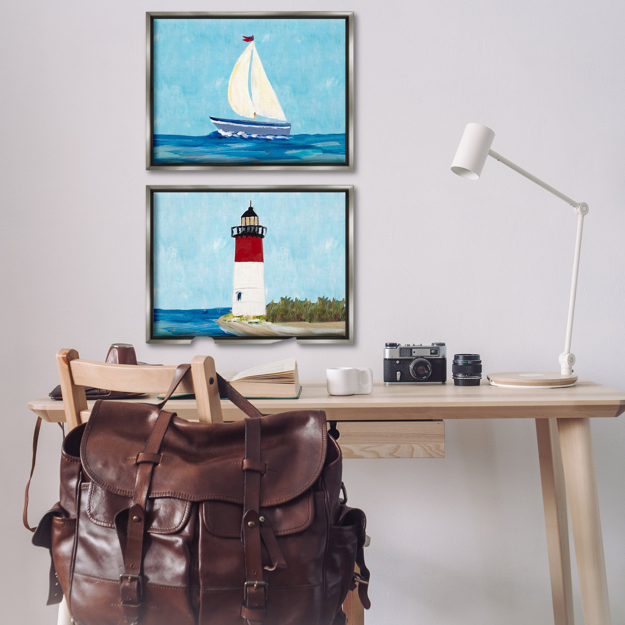 Stupell Industries Nautical Sail the Sea Lighthouse Nautical & Beach Painting Gray Floater Framed Canvas Art Print Wall Art, 31 x 21, Set of 2