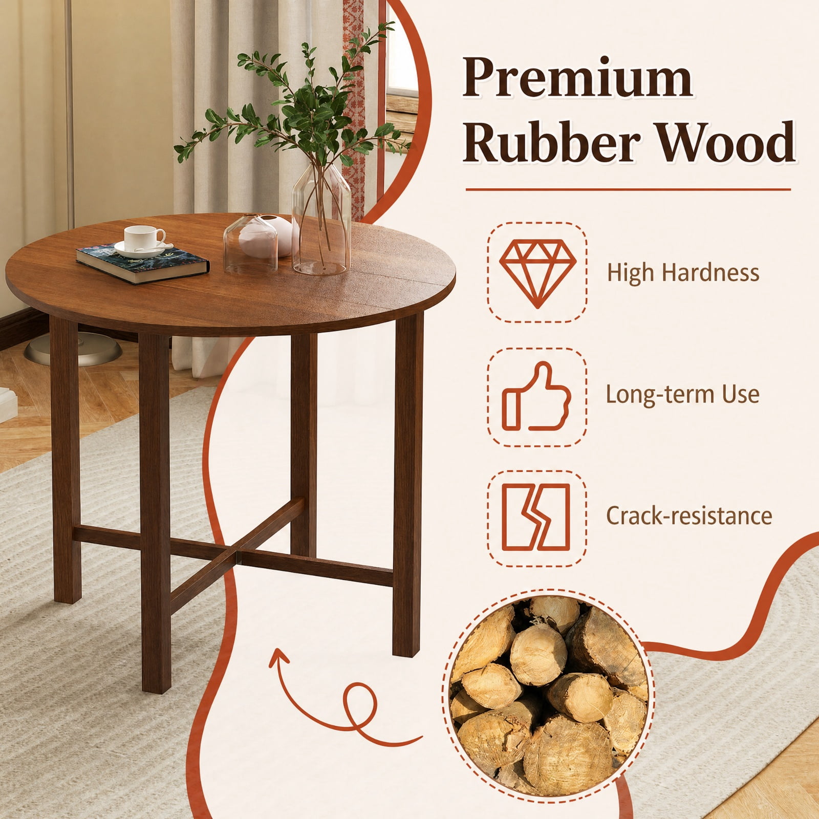 Furnibear Dual Drop Leaf Dining Table for Small Spaces with Solid Rubber Wood Frame and Folding Design for Kitchen, Walnut