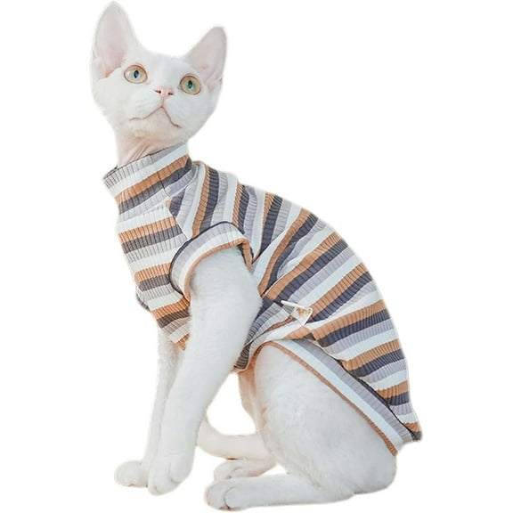 Sphynx Cat Clothes Striped Cat T-Shirt Stretchy Cat Sweater Apparel,L,Brown