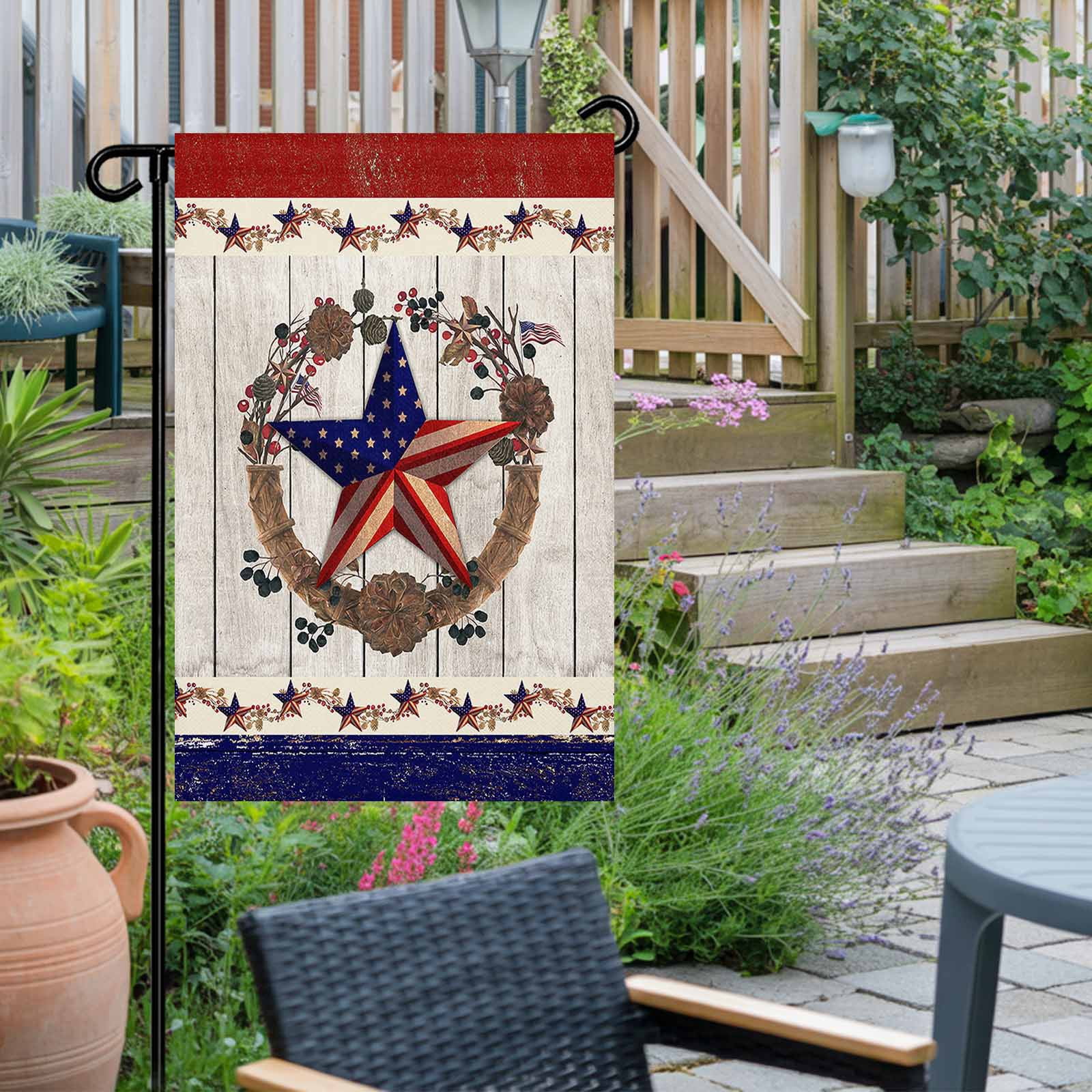 4th of July Garden Flags Texas Stars Wreath Garden Flag Double Sided Welcome Flag Patriotic Star on Rustic Wood Independence Day Yard Flags for Outdoor Lawn Porch Memorial Day Decor 28x40 Inch